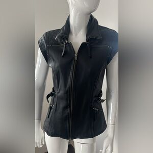 Sleek Black Leather Cap Sleeve Jacket